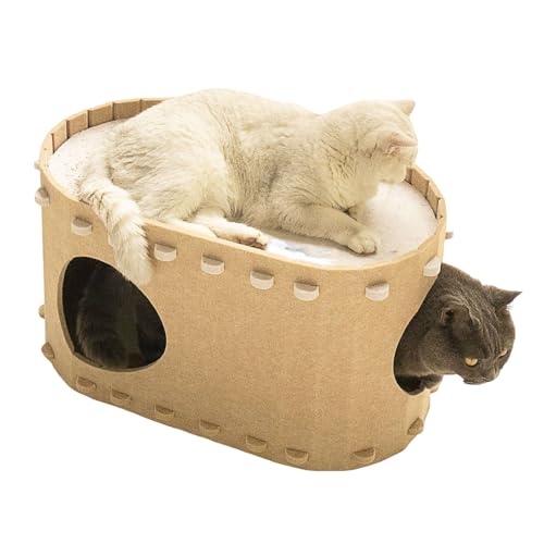 Katzenhöhle Filz,Katzenhaus aus Filz,2 in 1 Katzenbetten 58x33x30cm,Katzenhöhle 2 Schicht Würfel Großer Raum Katzenbett,Peek-a-Boo zum Spielen,Winterfest Indoor Tierversteck (Beige) von OUGPIU