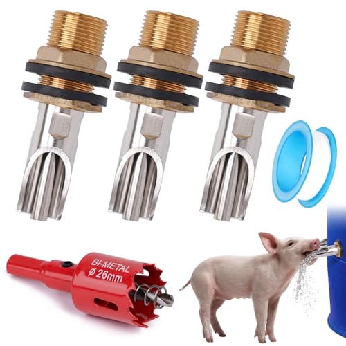 OUJIMAI Schweine-Nippel-Bewässerungs-Set, Edelstahl, automatische Schweine-Ziegen-Sauen-Ferkel-Trinker (3 Schweine-Trinker, 1E+1 Gallonen_per_Day) von OUJIMAI