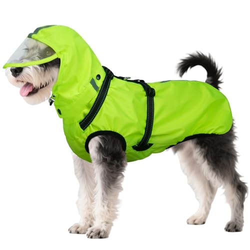 OUOBOB Hunderegenmantel wasserdicht, Regenjacke mit reflektierenden Streifen, H-Brustgeschirr (D-Ring) & Abnehmbarer Kapuze mit Visier, Ideal für mittelgroße/große Hunde [Neon Grün, Größe M] von OUOBOB
