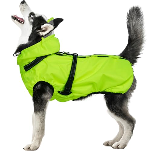 OUOBOB Hunderegenmantel wasserdicht, Regenjacke mit reflektierenden Streifen, H-Brustgeschirr (D-Ring) & Abnehmbarer Kapuze mit Visier, Ideal für mittelgroße/große Hunde [Neon Grün, Größe 4XL] von OUOBOB