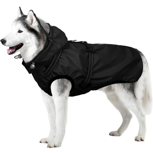 OUOBOB Hunderegenmantel wasserdicht, Regenjacke mit reflektierenden Streifen, H-Brustgeschirr (D-Ring) & Abnehmbarer Kapuze mit Visier, Ideal für mittelgroße/große Hunde [Schwarz, Größe 2XL] von OUOBOB