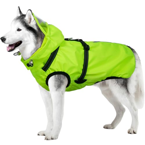 OUOBOB Hunderegenmantel wasserdicht, Regenjacke mit reflektierenden Streifen, H-Brustgeschirr (D-Ring) & Abnehmbarer Kapuze mit Visier, Ideal für mittelgroße/große Hunde [Neon Grün, Größe XL] von OUOBOB