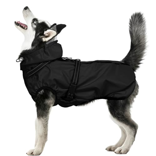 OUOBOB Hunderegenmantel wasserdicht, Regenjacke mit reflektierenden Streifen, H-Brustgeschirr (D-Ring) & Abnehmbarer Kapuze mit Visier, Ideal für mittelgroße/große Hunde [Schwarz, Größe 4XL] von OUOBOB