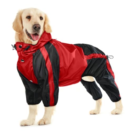 OUOBOB Hunde-Regenmantel – Wasserdichter Mantel für große Hunde, leichte Jacke, verstellbare 4 Beine, Haustierponcho mit Kapuze, schneefeste Weste, Regenbekleidung mit Loch für die Leine von OUOBOB