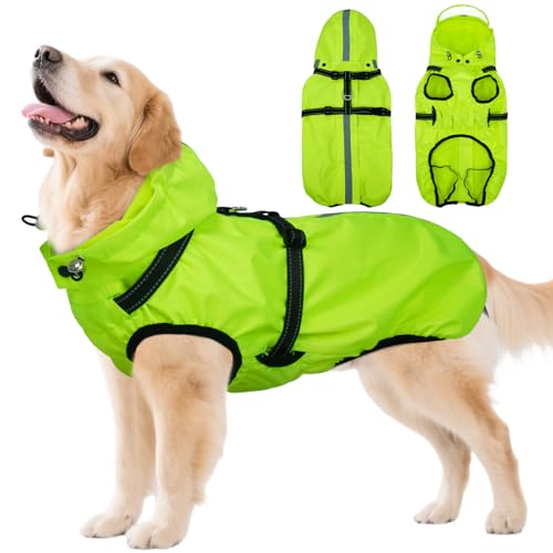 OUOBOB Hunde-Regenmantel, wasserdichte Hunderegenjacke mit verstellbarem Geschirr, Regenmäntel mit transparenter Kapuze, Hundeponcho, Regenbekleidung mit reflektierendem für mittelgroße und große von OUOBOB