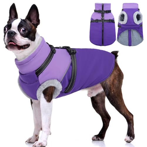 OUOBOB Hundejacken für mittelgroße Hunde – Wintermäntel mit Geschirr, wasserdicht und winddicht, mit Fleece gefütterte Pufferjacke für Schnee von OUOBOB