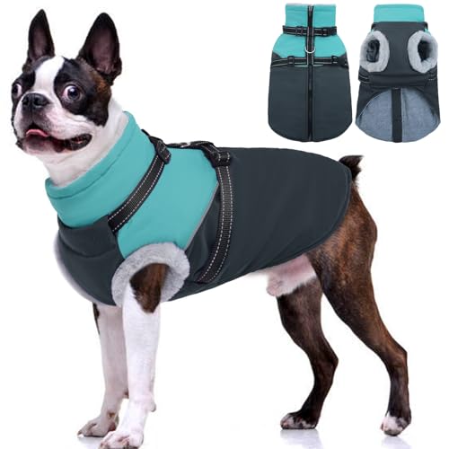 OUOBOB Große Hundejacke – integriertes Geschirr, wasserdicht und winddicht, mit Fleece gefüttert, perfekt für Schnee und Winter von OUOBOB
