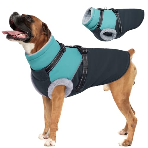 OUOBOB Warmer Hundemantel mit Geschirr, wasserdicht, winddicht, Reißverschluss, Fleece-gefütterte Pufferjacke für große Hunde, Winter-Schneemantel von OUOBOB