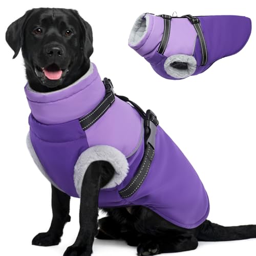 OUOBOB Hundejacken für große Hunde, Hundemantel mit integriertem Geschirr, warmer Hundemantel, wasserdichter winddichter Reißverschluss, mit Fleece gefütterter Hundemantel, Hundepufferjacke, von OUOBOB