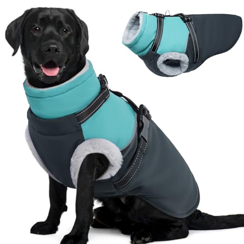 OUOBOB Hundejacke mit integriertem Geschirr, warm, wasserdicht, winddicht, mit Fleece gefüttert, Pufferjacke für große Hunde, Wintermantel von OUOBOB
