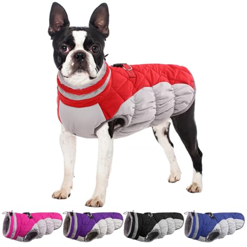 OUOBOB Hundemantel, warme Hundejacken, Hundemäntel mit integriertem Geschirr, wasserdichte Hunde-Fleeceweste, reflektierender Hunde-Schneeanzug für kaltes Wetter, winddichtes Hunde-Schneejacken-Outfit von OUOBOB