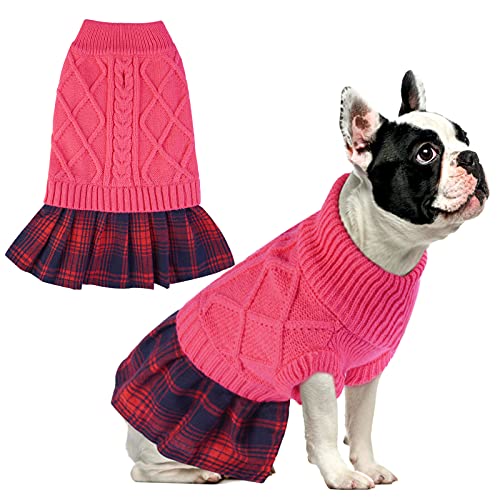 OUOBOB Hundepullover Kleid für kleine mittelgroße Hunde, Mädchen Hunderock mit Plaid, Haustiere Rollkragen-Kleidung Kostüm, Welpe Winter Herbst Warm Kaltes Wetter Outfit Pullover mit Leine Loch XS-XL von OUOBOB