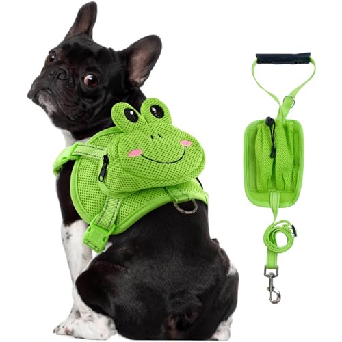 OUOBOB Hunderucksack-Geschirr, niedliches Hundegeschirr mit Leine, Hundegeschirr mit Rucksack, kein Ziehen, Hundesatteltasche, Welpenweste, Netz-Frosch-Selbsttasche mit D-Ring, Hundewanderrucksack für von OUOBOB