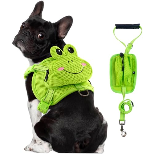 OUOBOB Hunderucksack-Geschirr, niedliches Hundegeschirr mit Leine, Hundegeschirr mit Rucksack, kein Ziehen, Hundesatteltasche, Welpenweste, Netz-Frosch-Selbsttasche mit D-Ring, Hundewanderrucksack für von OUOBOB