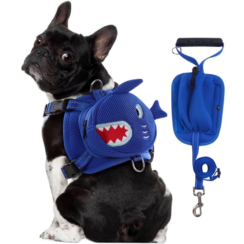 OUOBOB Hunderucksack-Geschirr, niedliches Hundegeschirr mit Leine, Hundegeschirr mit Rucksack, kein Ziehen, Hundesatteltasche, Welpenweste, Netzhai, Selbsttasche mit D-Ring, Hundewanderrucksack für von OUOBOB