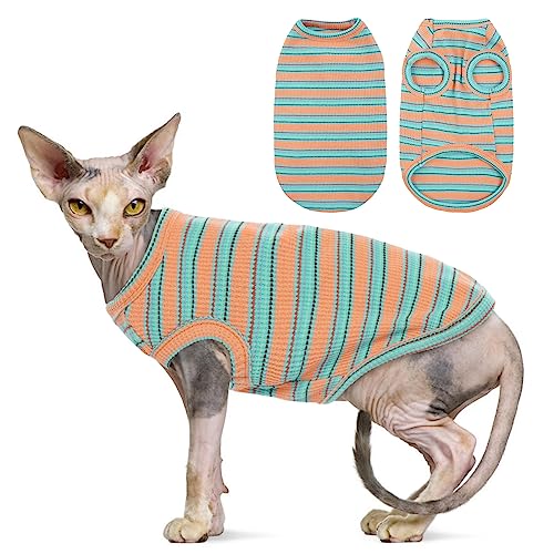 OUOBOB Sphynx Katze Kleidung, Atmungsaktive haarlose Katze Shirts, Streifen Kätzchen T-Shirts Ärmellos Pullover Katze Pullover Pullover, Haustier Sommer Kleidung für Sphynx, Cornish Rex, Devon Rex von OUOBOB