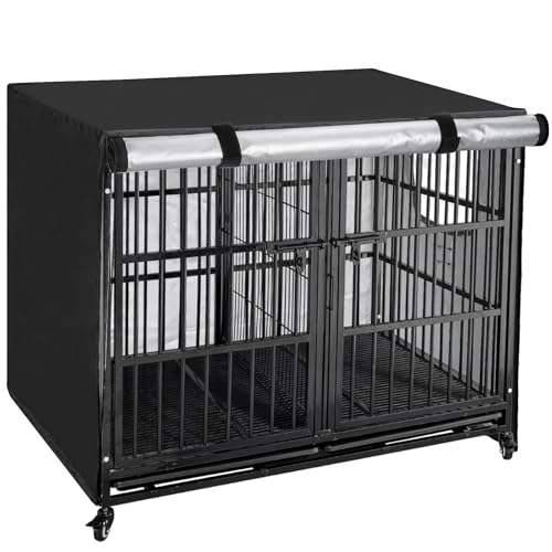 OUUTMEE Schwarz Hundebox-Abdeckung, wasserdichte Hundekäfig-Abdeckung für 60–125 cm große Hundezwinger, wasserdicht/Sonnenschutz/Lichtblockierend mit Tür und belüftetem Fenster von OUUTMEE