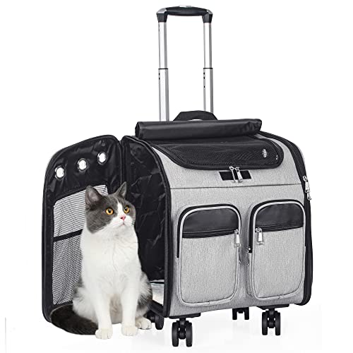 OUUTMEE mit Trolley 2 in 1 bis 20 kg, Katzenrucksack Große Katzentragetasche mit Rollen, multifunktionaler Rucksack, atmungsaktiv, Grau von OUUTMEE