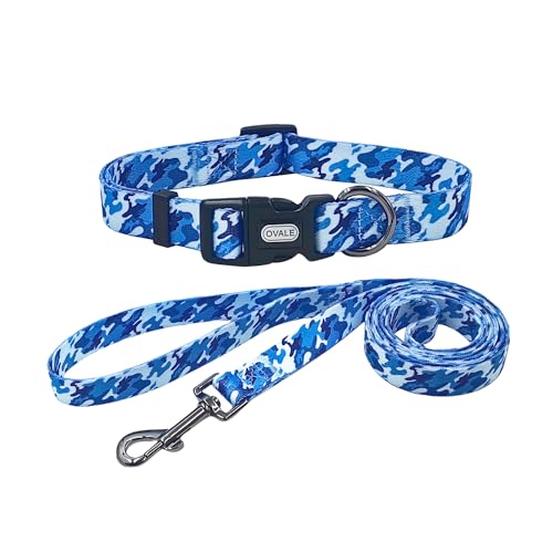 Ovale Hundehalsband-Leinen-Kombi-Set, Camouflage-Muster, Halsband und 1,5 m passende Leine, für kleine Welpen, Größe XS, Blau Camouflage von OVALE