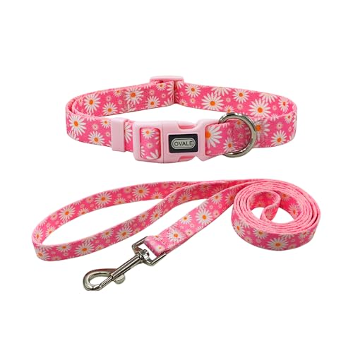 Ovale Hundehalsband-Leinen-Kombi-Set, Gänseblümchen-Blumenmuster, Halsband und 1,5 m passende Leine, für große Hunde (L, Hellrosa Gänseblümchen) von OVALE