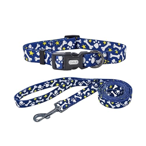 Ovale Hundehalsband-Leinen-Kombi-Set, Knochenmuster, Halsband und 1,5 m passende Leine, für kleine Hunde (Größe S, Knochen) von OVALE