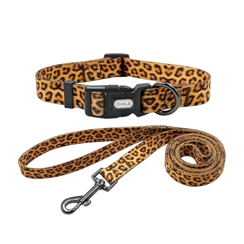 Ovale Hundehalsband-Leinen-Kombi-Set, Leopardenmuster, Halsband und 1,5 m passende Leine, für kleine Hunde (Größe S, Leopard) von OVALE
