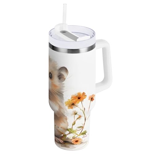 OWFKAY Vakuumisolierter Becher aus Edelstahl, kleiner Hamster und Blumen, Wasserflasche mit Deckel und Strohhalm OWFKAY Vakuumisolierter Becher aus Edelstahl, kleiner Hamster und Blumen, Wasserflasche mit Deckel und Strohhalm von OWFKAY