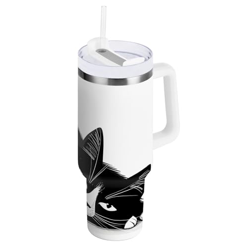 OWFKAY Vakuumisolierter Becher aus Edelstahl, liegender schwarzer Katze, Wasserflasche mit Deckel und Strohhalm OWFKAY Vakuumisolierter Becher aus Edelstahl, liegender schwarzer Katze, Wasserflasche mit Deckel und Strohhalm von OWFKAY