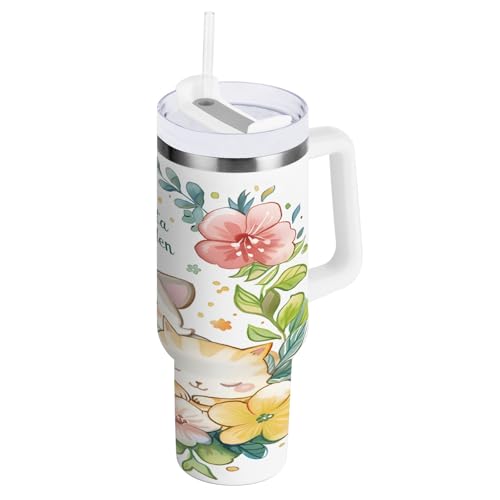 OWFKAY Vakuumisolierter Becher aus Edelstahl, niedliche Hunde und Katzen, die in einer floralen Wasserflasche mit Deckel und Strohhalm schlafen OWFKAY Vakuumisolierter Becher aus Edelstahl, niedliche Hunde und Katzen, die in einer floralen Wasserflasche mit Deckel und Strohhalm schlafen von OWFKAY