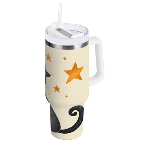 OWFKAY Vakuumisolierter Becher aus Edelstahl, niedliche schwarze Katze mit Hexenhut, Wasserflasche mit Deckel und Strohhalm OWFKAY Vakuumisolierter Becher aus Edelstahl, niedliche schwarze Katze mit Hexenhut, Wasserflasche mit Deckel und Strohhalm von OWFKAY
