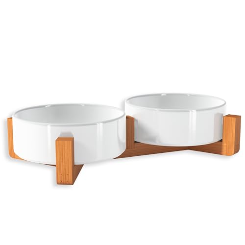OWLBOOK® Hundenapf Katzennapf Doppelnapf aus Keramik mit Bambus Gestell Futternapf Napf Wassernapf für Katzen Hunde Kleintiere Haustiere | Neutral | Keramik, Bambus 300 ml von OWLBOOK