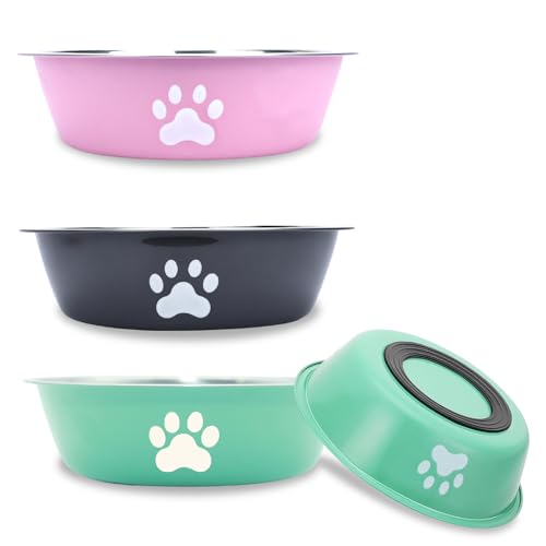 OYIWINMI Hundenapf 3 Stück, Hundeschüssel, Fressnapf Hund Edelstahl,Hundenapf Kleine Hunde,Futternapf und Wassernapf mit Rutschfestem Silikonboden für Kleine Mittelgroß Hunde und Katzen (860ML) von OYIWINMI