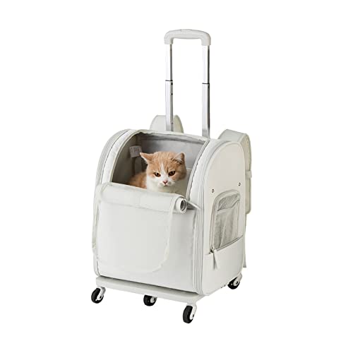 Haustier-Reiserucksack für Katzen und Welpen, mit Trolley und Teleskopgriff, tragbar, mit Rädern, Gepäcktasche (weiß) von OYUEGE