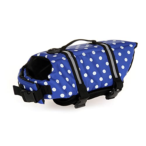 Ripstop Hundeschwimmweste, reflektierende Welpen-Schwimmweste mit verbessertem Auftrieb & Rettungsgriff, Hundeschwimmweste für Schwimmen & Bootfahren, Punkte Blau M von OYUEGE