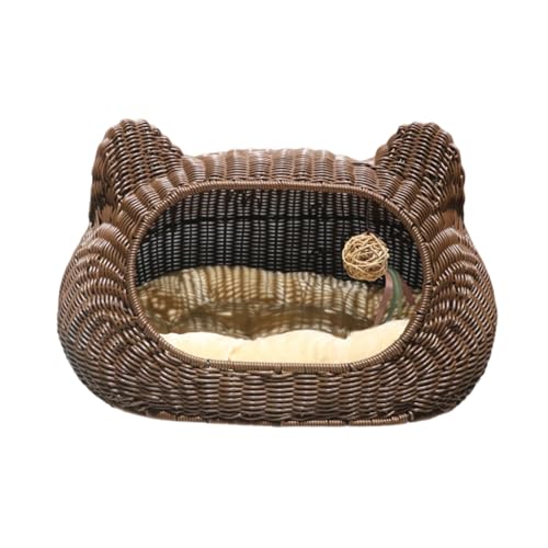 Sommer Handgemachtes Gewebtes Haustierbett Rattan Korb Katzenbett Korb Hausbett Schlafbett für Waschbares Haustierhaus Nest Indoor Katze,E-L von OYWEHECE