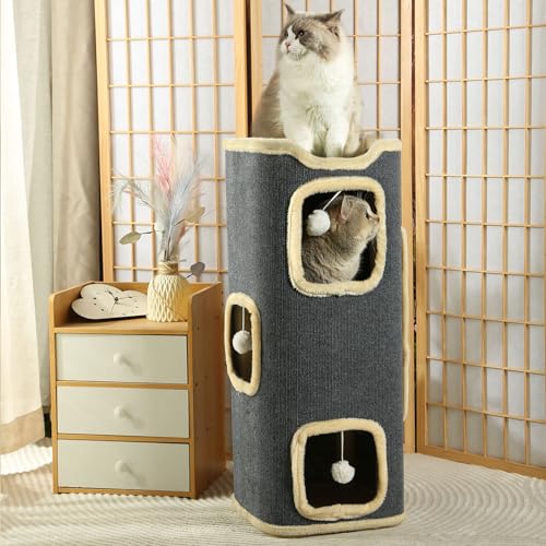 OYX Katzenhaus 4 Ebenen für Indoor Katzen, mit Katzenbett und Sisalmatte, Katzenhaus Kratzbar, Mehrere Interaktive Hängende Bälle, Katzenklo Bett Möbel für Mehrere Haustiere und Große Katzen, Grau von OYX