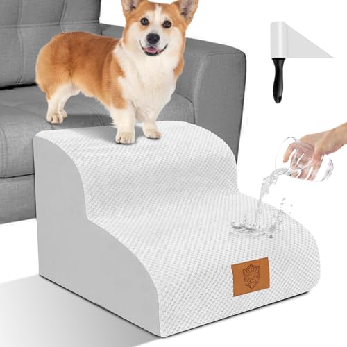 OZD Hundetreppe für Bett, 2 Stufen, hochdichter Schaumstoff, Haustiertreppe für kleine Hunde und Katzen, rutschfeste Haustierrampe für Sofa mit waschbarem Bezug, 40 x 40 x 30 cm (Weiß) von OZD