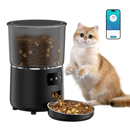 Oamger Trockenfutterspender für Katzen, automatisch, 4 l, WLAN, Timer, mit Edelstahlnapf, Sprachsteuerung, für Katzen oder Hunde (schwarz) von Oamger