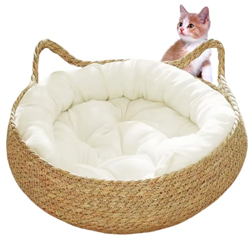 Obelunrp Katzenkorbbett, 15-Zoll-Strohhalm lustiges Cat Basketnest mit weichem Kissen, Boho kratzfestes Haustierbett, handgefertigtes rundes Katzenbett für Katzen Welpe Obelunrp Katzenkorbbett, 15-Zoll-Strohhalm lustiges Cat Basketnest mit weichem Kissen, Boho kratzfestes Haustierbett, handgefertigtes rundes Katzenbett für Katzen Welpe von Obelunrp