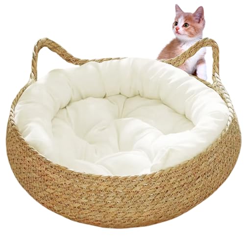 Obelunrp Katzenkorbbett, 17x6inch runde Strohbetten mit weichem Kissen, Kratzfeste Welpenkorbbetten für Katzenkätzchen von Obelunrp