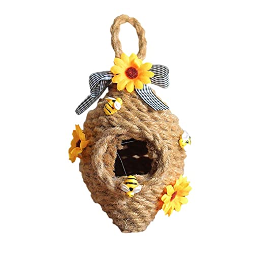 Summvogelhäuser, Hanfseil gewebtes Vogelnest mit Sonnenblumen- und Bienen -Dekor, rustikaler Hanges Hummingbird Nest für Bienenpartyzubehör (Stil 1) von Obelunrp