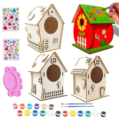 Obesntln Unlackiertes Vogelhaus aus – Vogelhaus aus zum Zusammenbauen und Basteln, Seilbefestigung, Bauen und Malen, Basteln, Farbe, Pinsel, Palette, Kleber im Lieferumfang enthalten von Obesntln