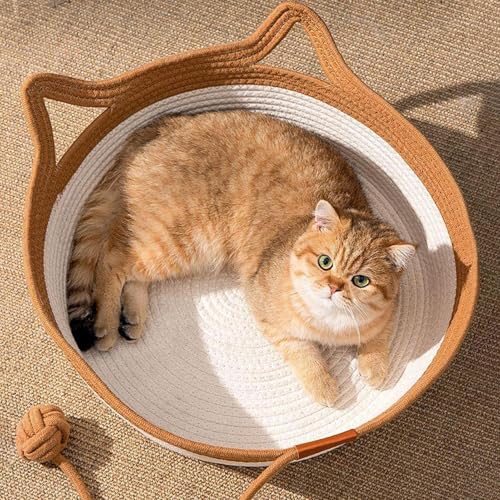 Ocastuted Katzenkorbbett, handgewebtes Katzenbett, Haustier-Weidennest mit niedlichem Ohr, rundes Kätzchen-Schlaf-Rattannest, mit Spielseilball, verschleißfest von Ocastuted