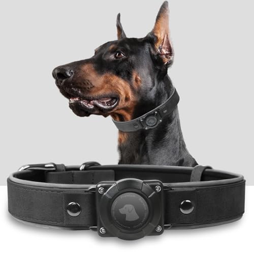 AirTag Hundehalsband, Leder, mit Airtag-Halterung, IPX8, wasserdicht, reflektierend, hochwertig, verstellbar, weich gepolstert, GPS-Tracker-Halsbänder, passend für mittelgroße und große Hunde (Schwarz AirTag Hundehalsband, Leder, mit Airtag-Halterung, IPX8, wasserdicht, reflektierend, hochwertig, verstellbar, weich gepolstert, GPS-Tracker-Halsbänder, passend für mittelgroße und große Hunde (Schwarz von Odokele