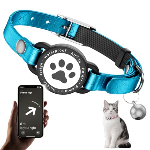 Airtag-Katzenhalsband aus Leder, wasserdicht, AirTag-Halter mit Metallschnalle, bequeme, glänzende Katzen-Tracker-Halsbänder mit Glocke für Mädchen, Jungen, Katzen, Kätzchen und Welpen (blau) von Odokele