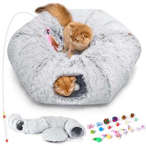 Odoland Katzentunnel große Katzenspielzeug mit Plüsch Katze Bett, Multifunktionales Faltbar Katzen Tunnel Katzenhöhle mit Spielball Interaktives Spielzeug für Indoor Kitten - grau von Odoland