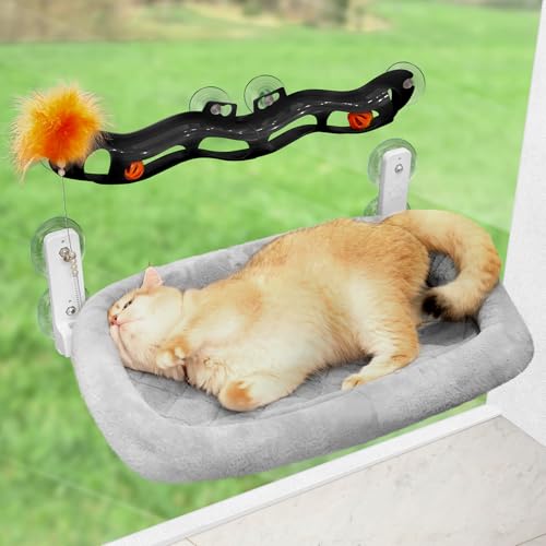 Odoland Katzenbett für fensterliege - Klappbar Hängematte Katze Fenster mit Katzenspielzeug Interaktiv & Katzenmatte, Starke Saugnäpfe, abnehmbarem wendbarem Bezug - Katzenliege (58x39cm) bis 18kg von Odoland
