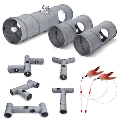 Odoland Faltbar Katzentunnel in Leinen DIY Spieltunnel mit Ball Katze Spielzeug Pet Play Tunnel Tube für Katzen Welphln Kleintiere Grau von Odoland
