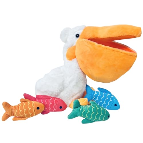Off the Wall Toys Charlie & LEW Interaktives Pelikan und Fisch-Verstecken – Quietsch-Spaß für kleine Hunderassen und Katzen, langlebig und ansprechend, Spaß und leuchtende Farben von Off the Wall Toys