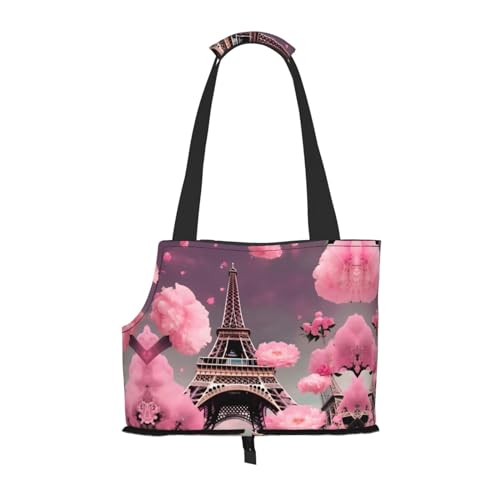 Paris Street Eiffelturm Katzentragetasche, rosa Blumendruck, Haustier-Tragetasche für Katzen, Hunde, Welpen, bequem, tragbar, faltbar, Haustiertasche von Ogniwo